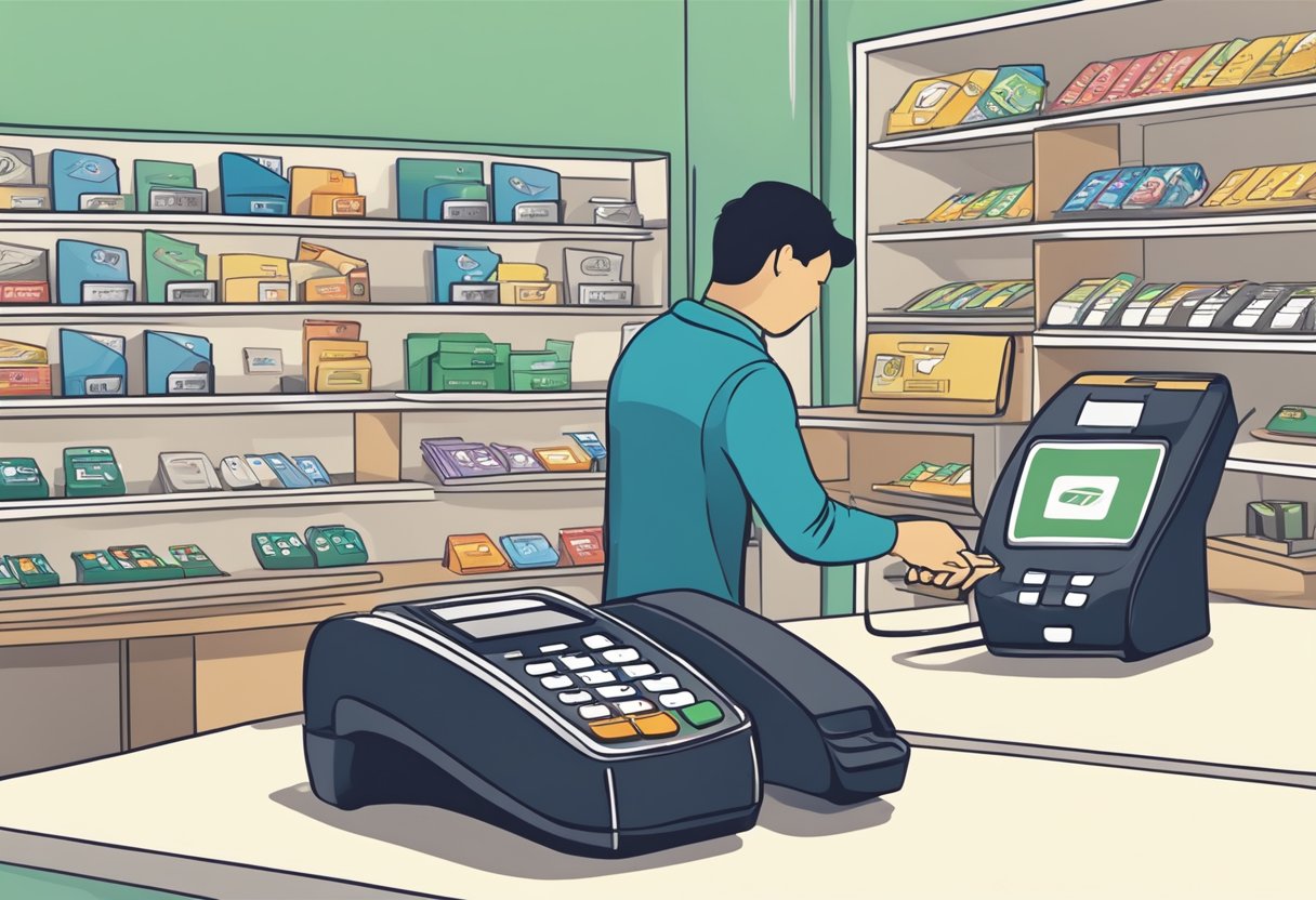 A credit card being swiped at a payment terminal in a Singaporean store