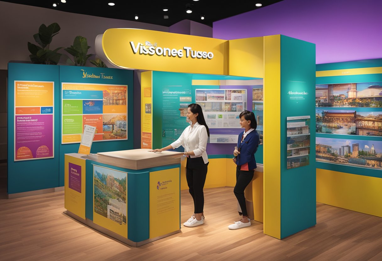 The visitor information booth at Madame Tussauds Singapore, with a colorful display of brochures and a helpful attendant ready to assist