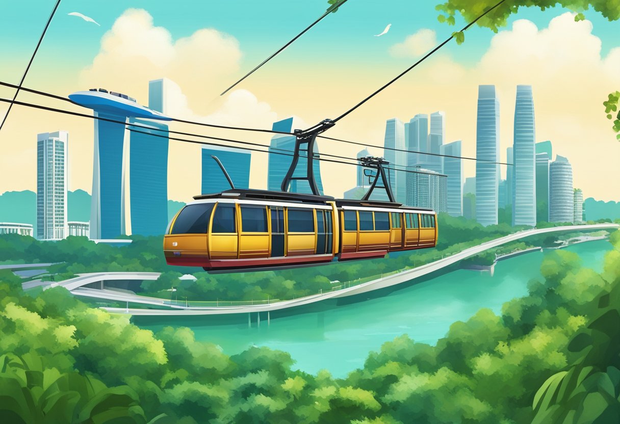 The Singapore cable car glides over lush greenery, connecting the city to Sentosa Island. Modern towers stand in the background, showcasing the development of the city
