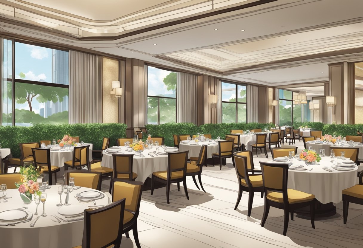The elegant dining area at Hilton Singapore is filled with guests enjoying their meals, while others relax in the leisure facilities, creating a vibrant and lively atmosphere