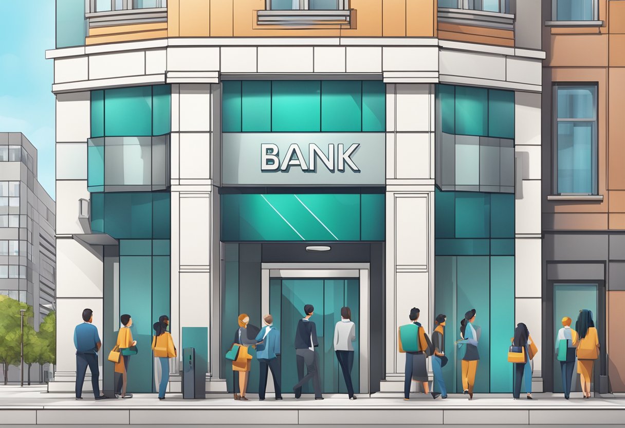 A bank logo on a modern building facade with a line of customers inside
