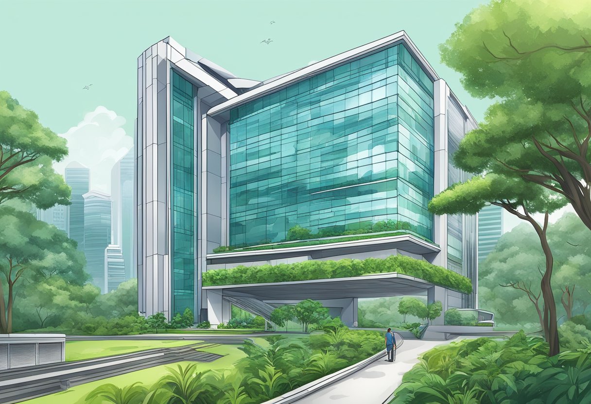 A modern bank building in Singapore, surrounded by lush greenery and futuristic architecture
