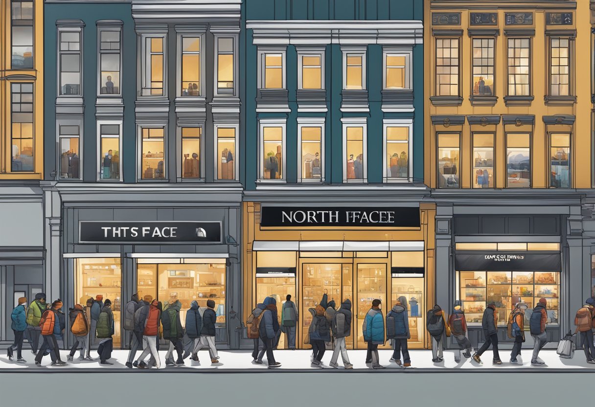 A row of North Face stores with event banners, surrounded by bustling city streets and people