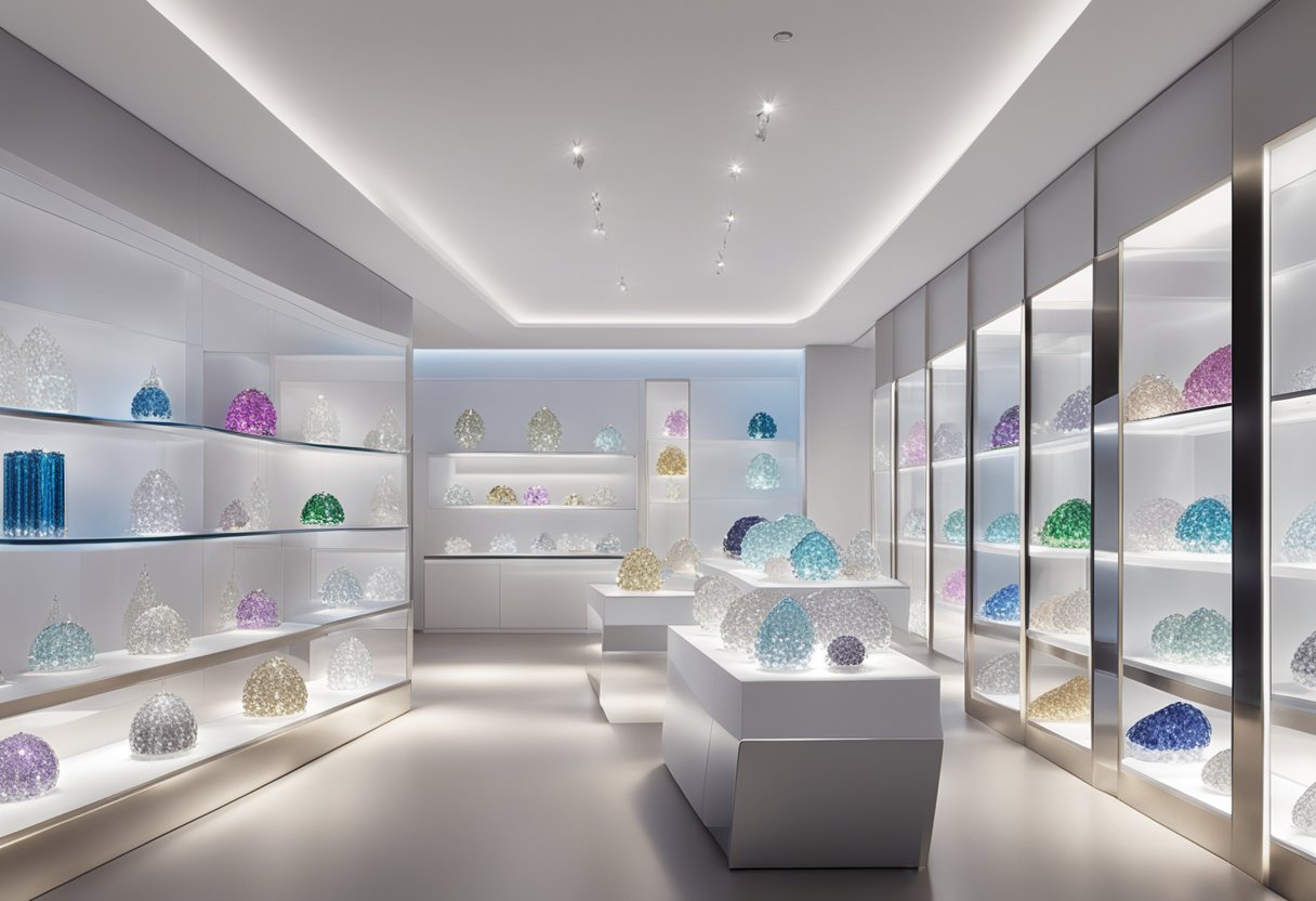 A sparkling array of Swarovski's diverse collections displayed in a sleek, modern setting with elegant lighting and reflective surfaces