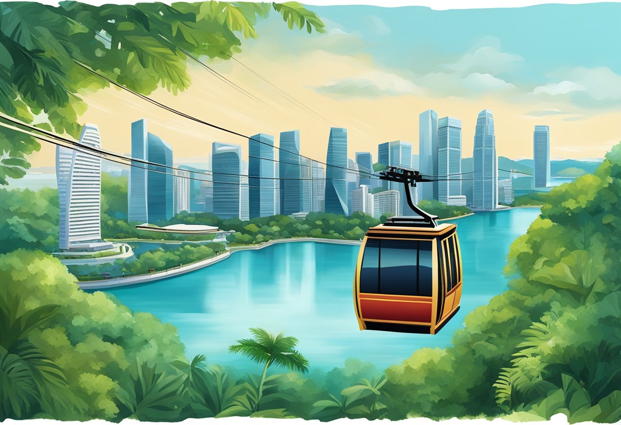 The Singapore cable car glides over lush greenery and sparkling blue waters, offering breathtaking views of the city skyline and iconic landmarks