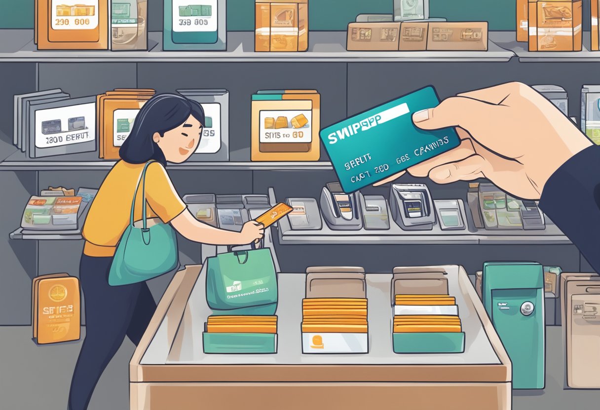 A person swiping a credit card at a Singaporean store, with various rewards and benefits popping out of the card