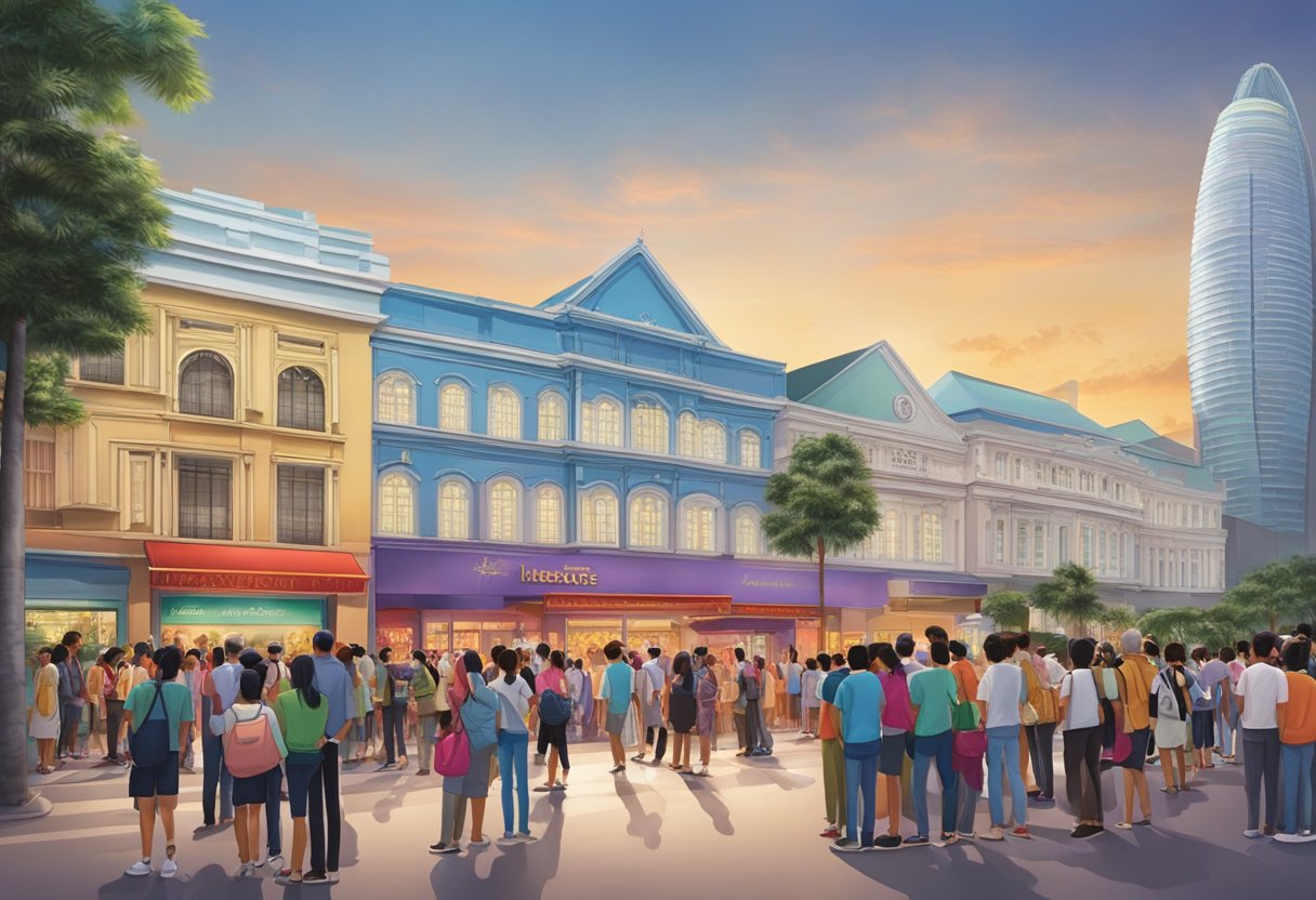 Visitors line up outside Madame Tussauds Singapore, eagerly awaiting entry. The iconic building stands tall against the city skyline, with a vibrant crowd gathered outside
