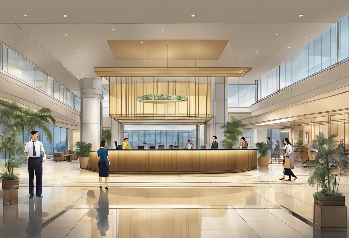 The lobby of Hilton Singapore bustling with guests, a concierge assisting, and a prominent "Frequently Asked Questions" sign