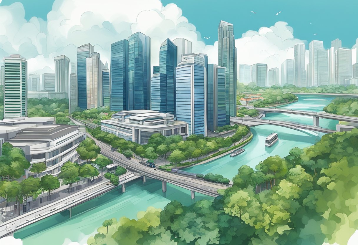 A bustling cityscape in Singapore with modern skyscrapers and a prominent bank building in the foreground, surrounded by lush greenery and a river flowing through the urban landscape