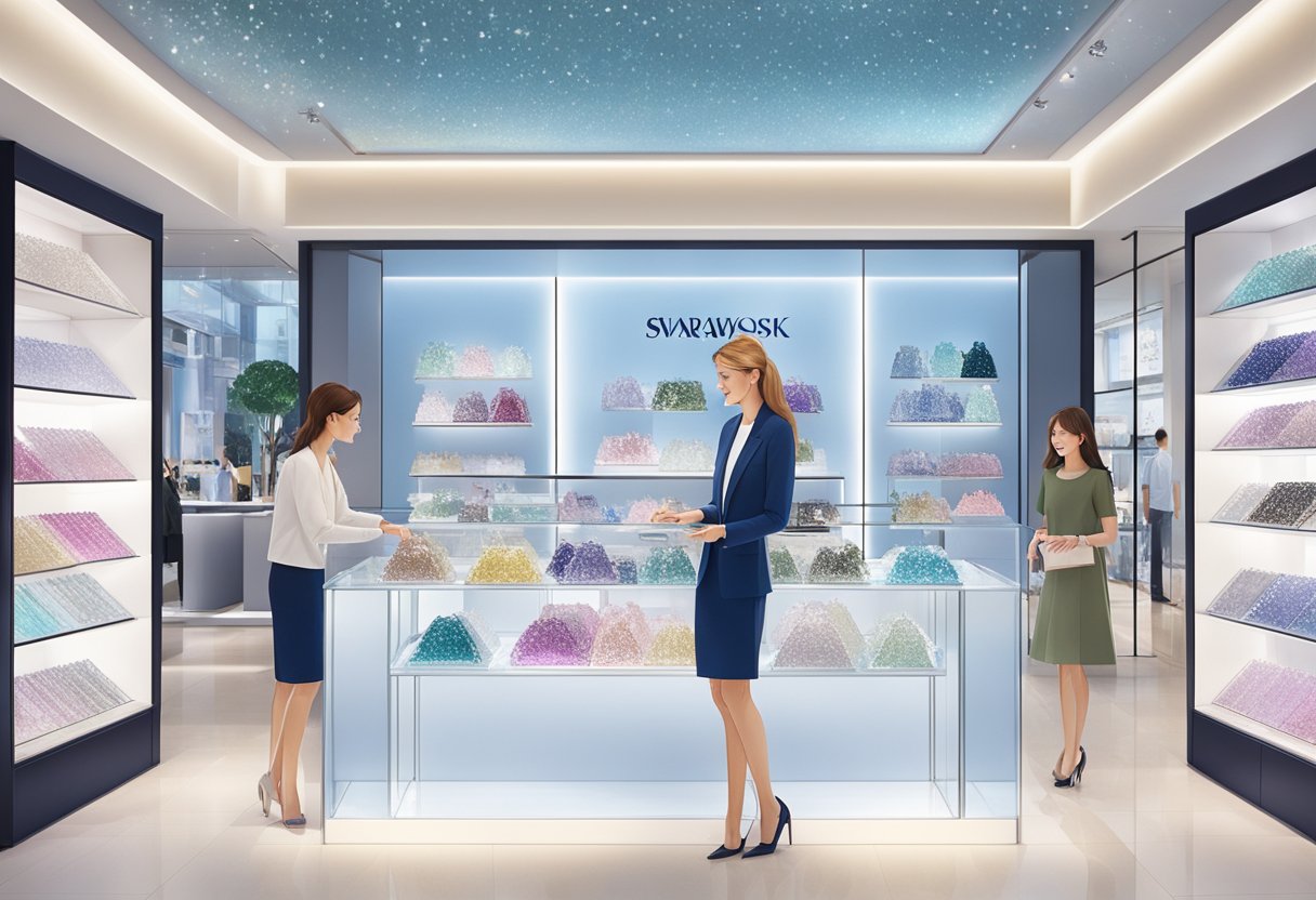A sparkling display of Swarovski products with a customer service representative assisting a client at the Swarovski store in Singapore