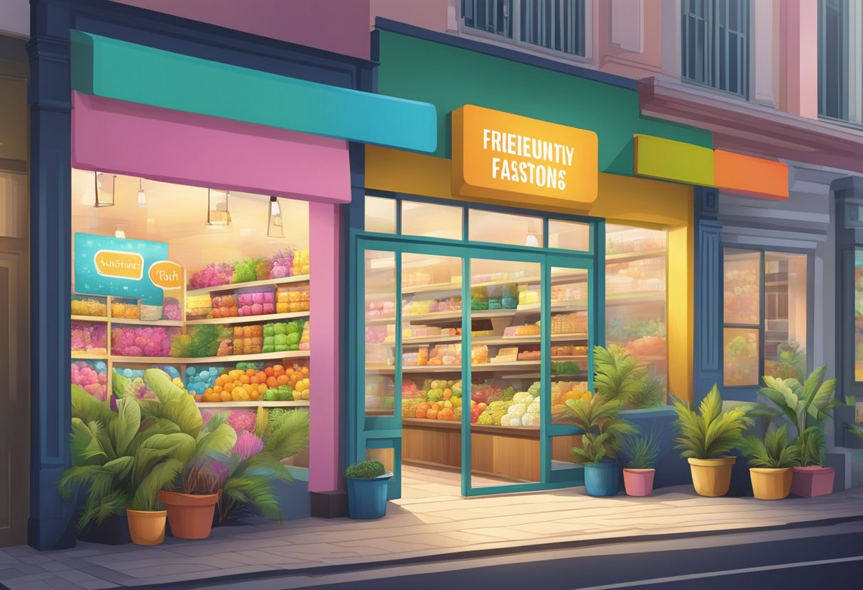 A colorful outdoor store with a prominent "Frequently Asked Questions" sign in Singapore