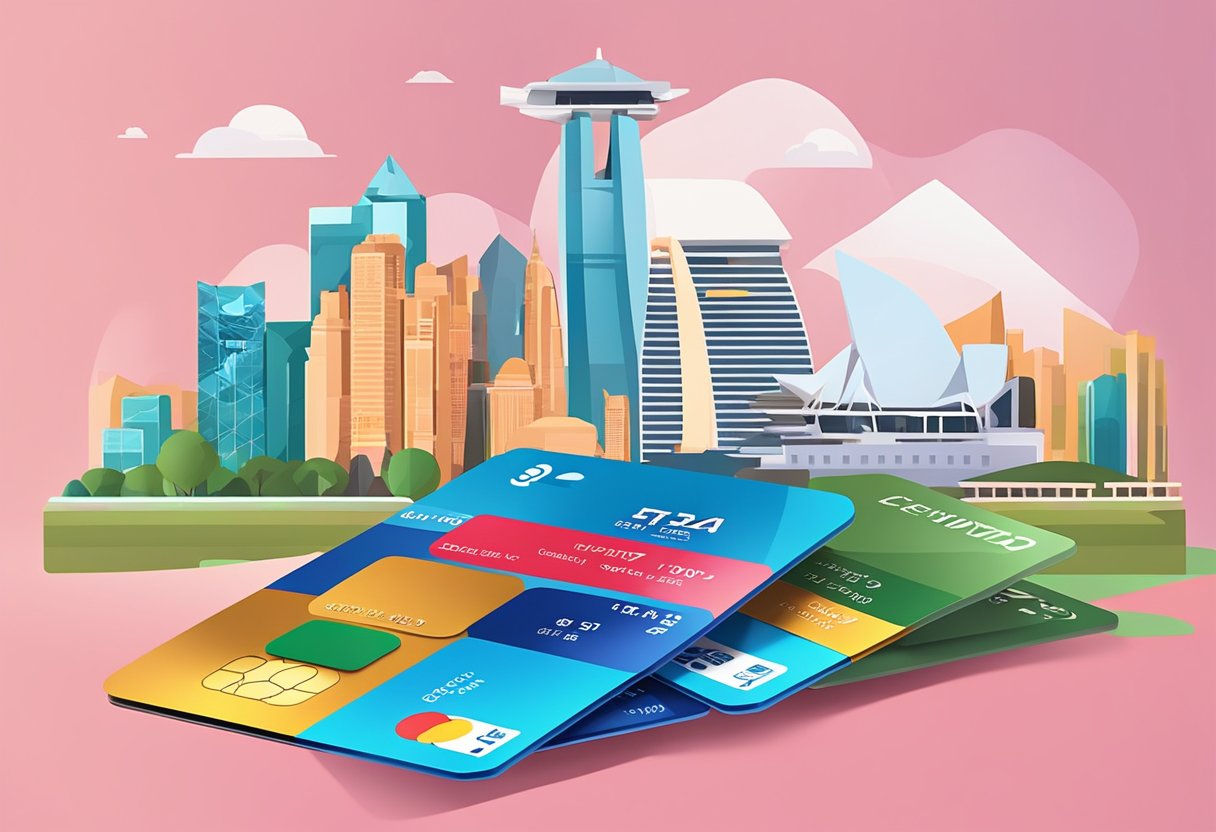 A stack of credit cards with "Frequently Asked Questions" printed on them, against a backdrop of iconic Singapore landmarks