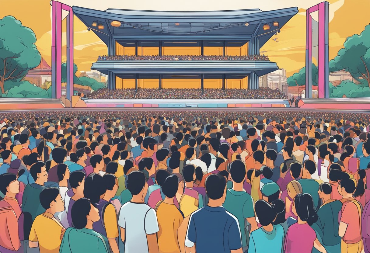 A bustling concert venue with a large crowd, ticket booths, and a vibrant stage, showcasing diverse entertainment events in Singapore