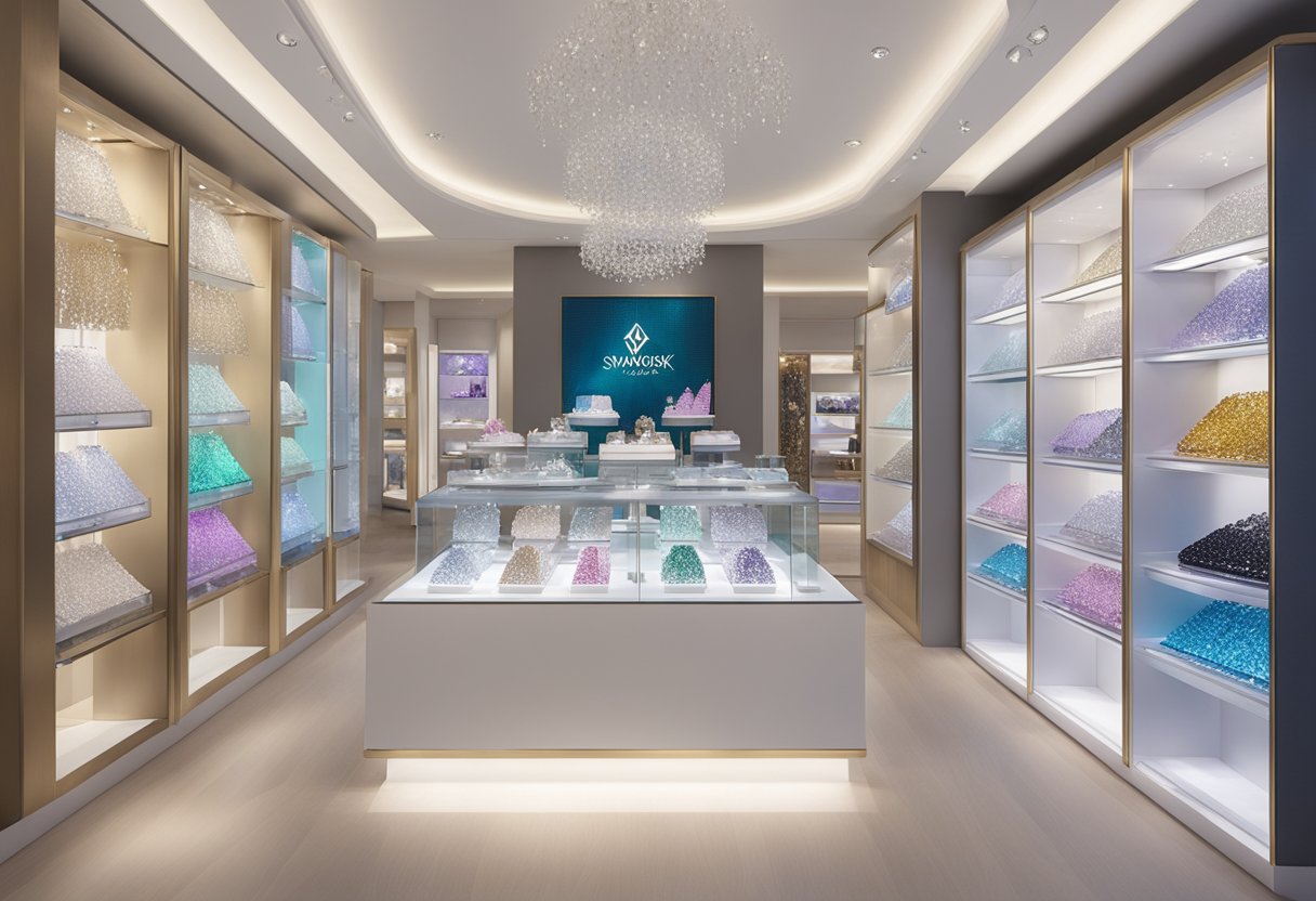 A display of Swarovski products with a "Frequently Asked Questions" sign in a Singapore store
