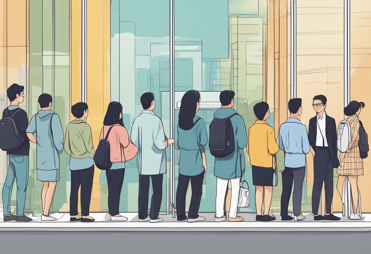 A row of people standing in line at a Frequently Asked Questions bank in Singapore