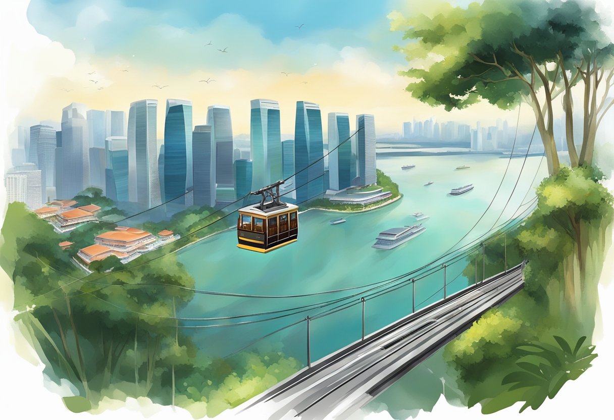 The cable cars glide smoothly over the sparkling waters, offering breathtaking views of the Singapore skyline and lush greenery below