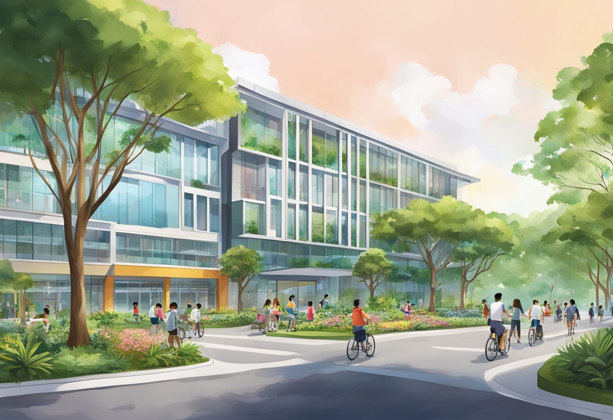 The Singapore American School is a modern, sprawling campus with sleek buildings, lush greenery, and vibrant outdoor spaces