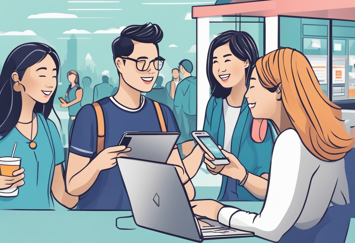 Customers using digital devices to purchase tickets, access event information, and receive personalized recommendations at a SISTIC Singapore event