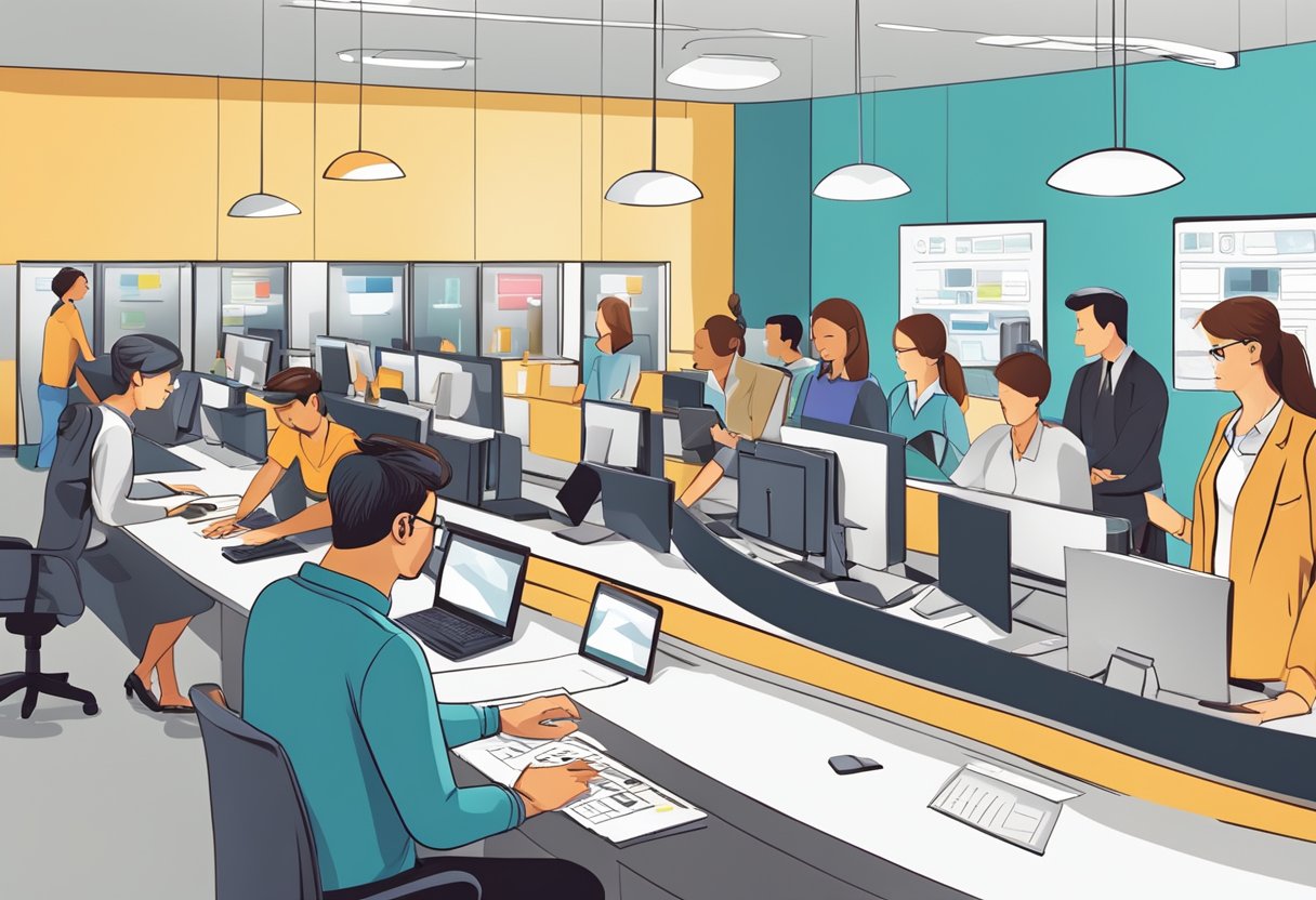 A busy customer service desk with people inquiring about tickets and staff assisting them