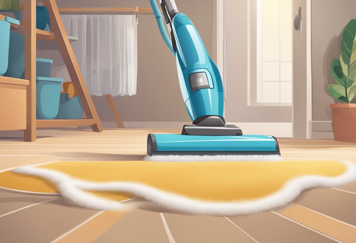 A vacuum cleaner glides over a plush carpet, while a duster reaches high to clear dust from ceiling corners. A mop swirls across the tiled floor, leaving it sparkling clean