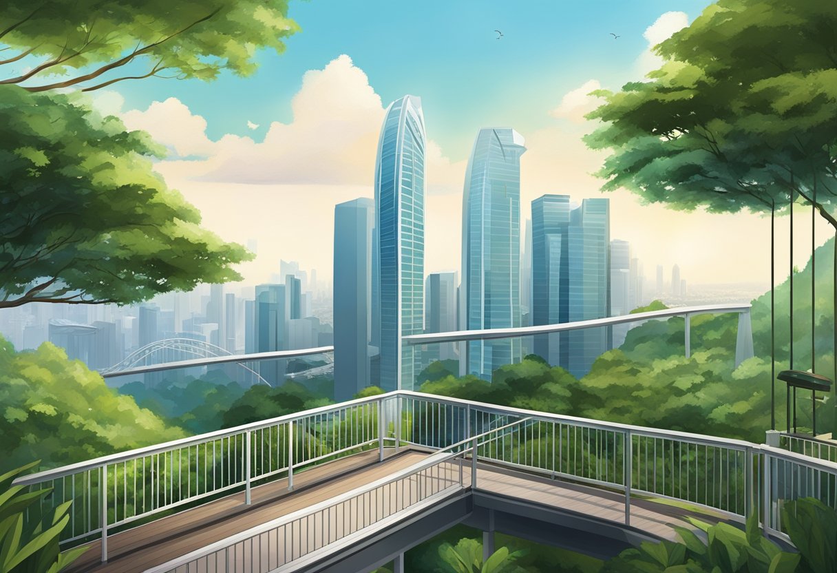 Faber Peak, Singapore: Lush greenery surrounds a modern observation deck with panoramic views of the city skyline and cable car transports