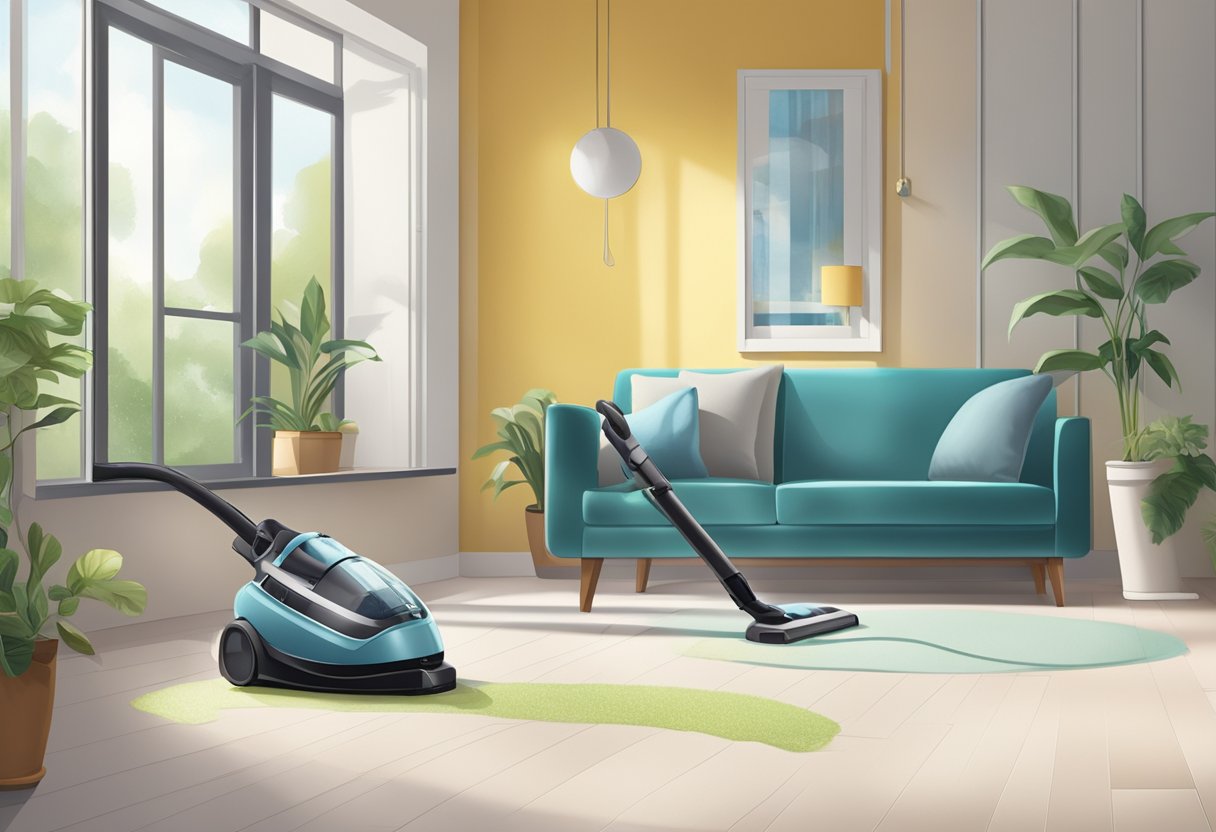 A vacuum cleaner glides across a pristine floor, while a duster sweeps over sparkling surfaces in a Singaporean home