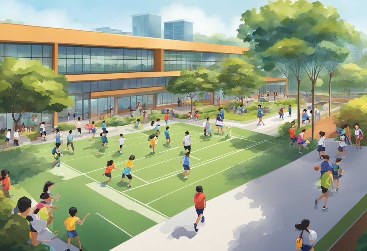 The bustling Singapore American School campus, with students studying, playing sports, and engaging in community activities