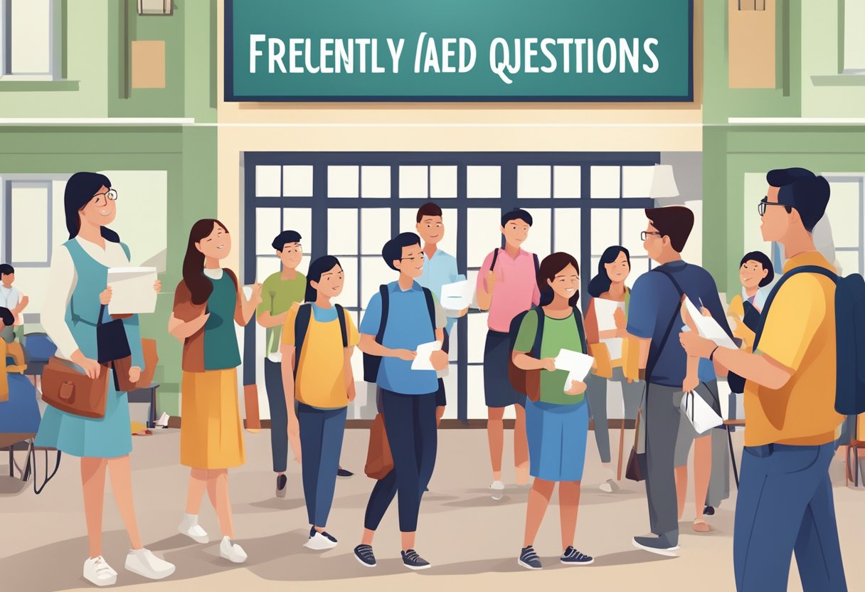 Students and parents gather around a signboard labeled "Frequently Asked Questions" at Singapore American School