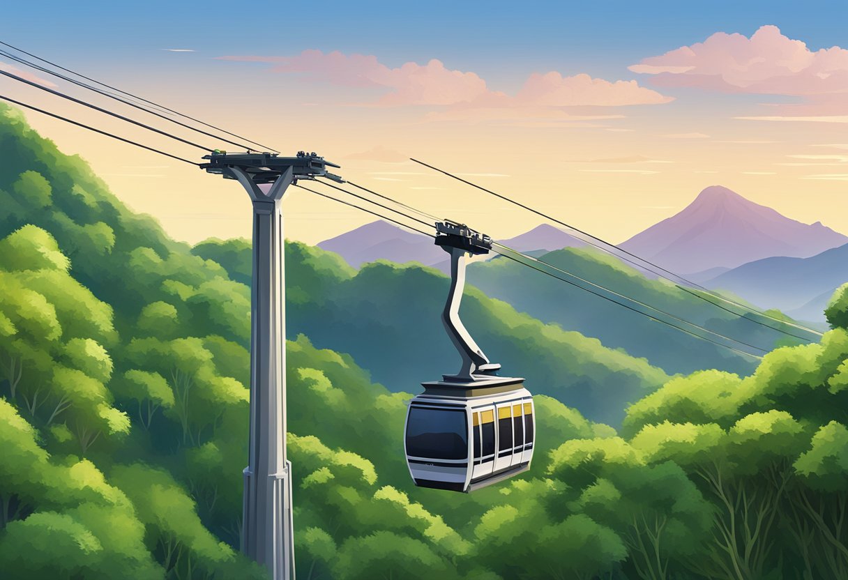 A cable car glides over lush greenery towards Faber Peak, with the city skyline in the background