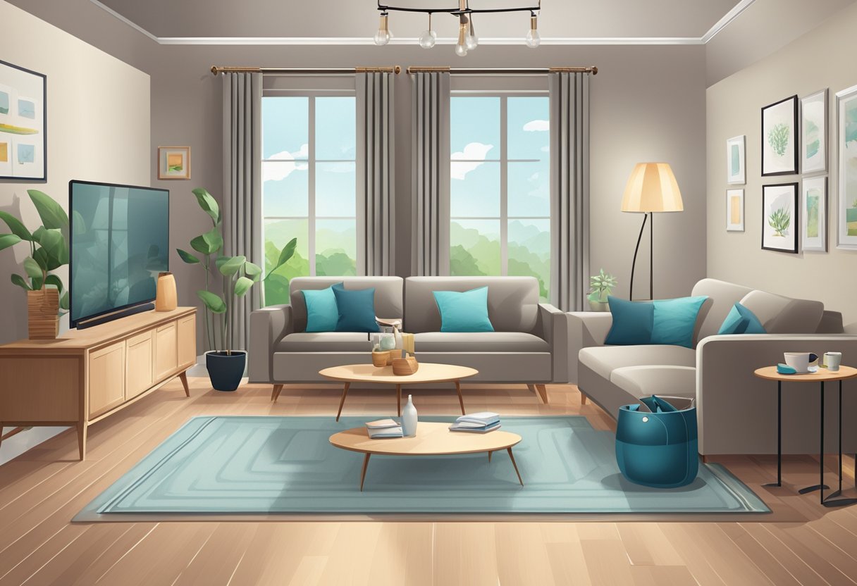 A cozy living room with a sparkling clean floor, neatly arranged furniture, and fresh-smelling air. A professional cleaning service logo is displayed prominently