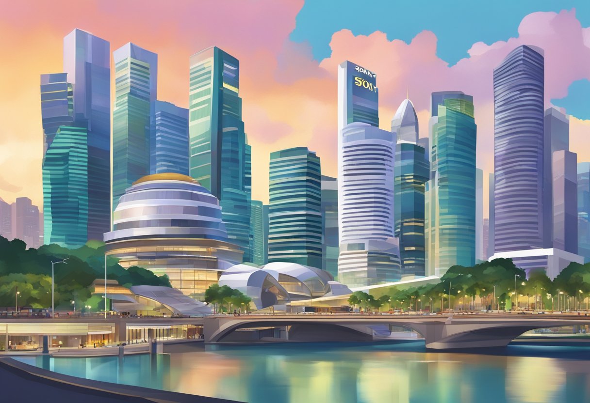 A bustling cityscape in Singapore, with the iconic Sony building standing tall among the modern architecture and vibrant street life
