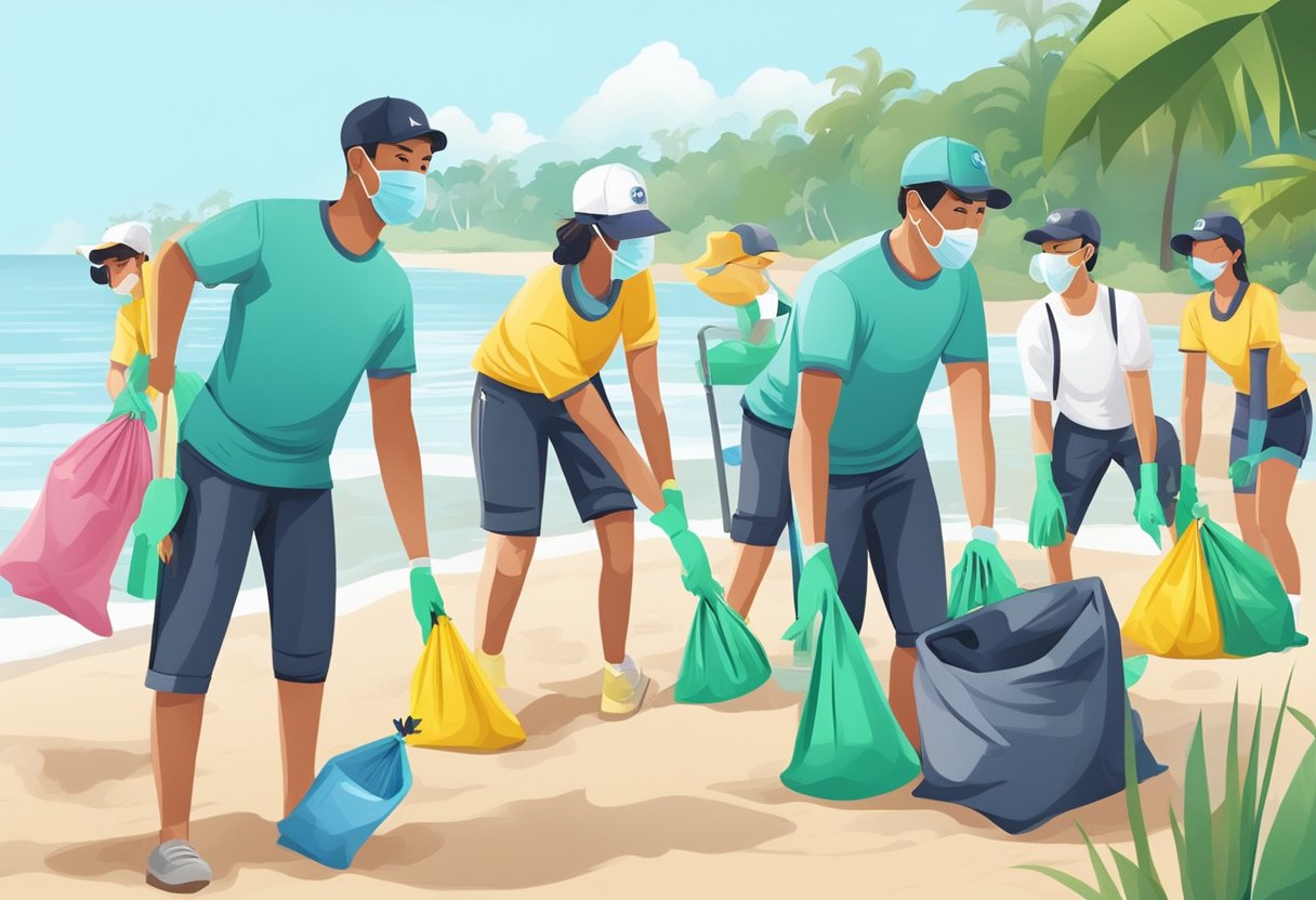 A group of volunteers in Singapore cleaning up a beach, collecting trash and plastic waste to protect the environment