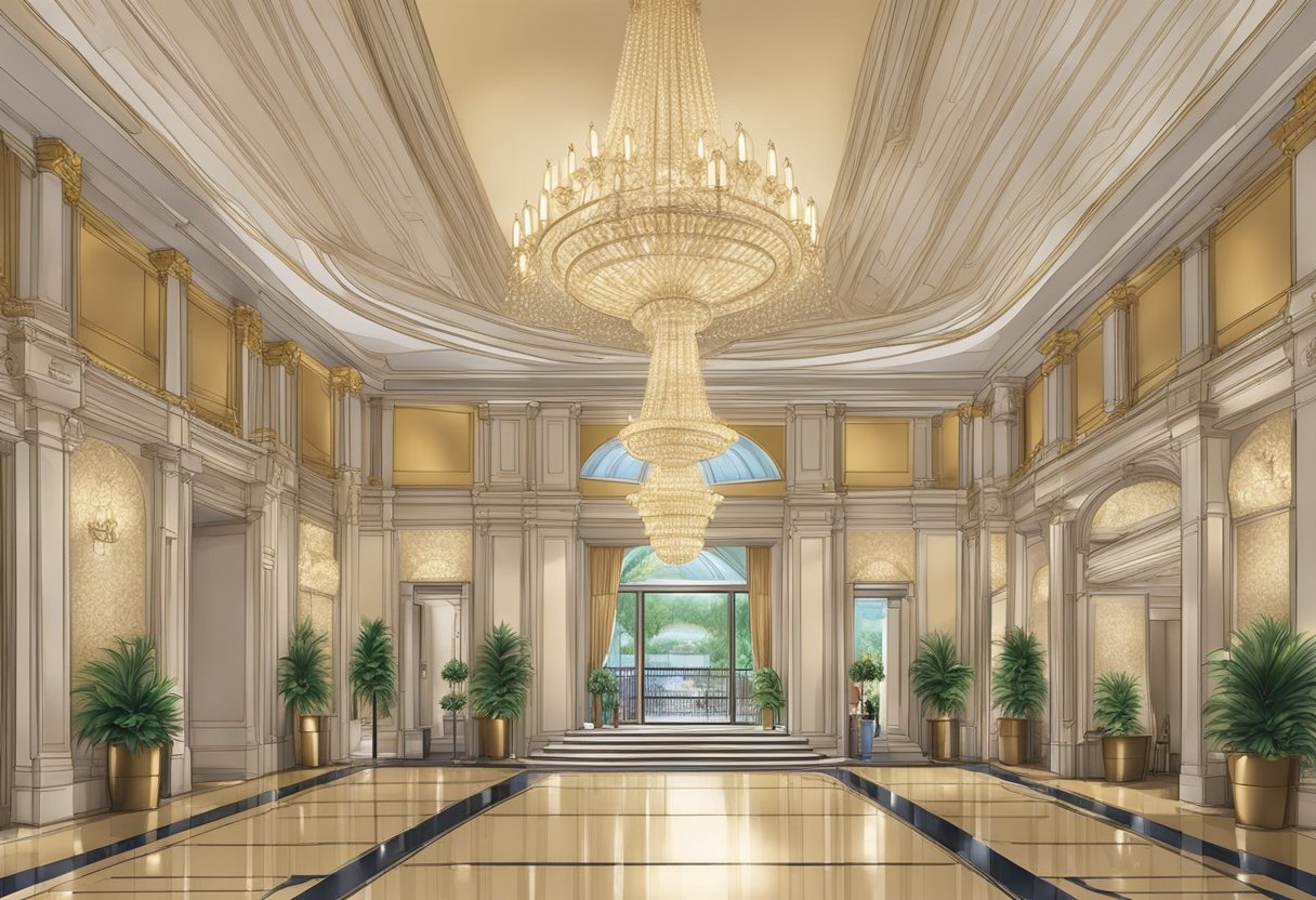 The grand hotel entrance is adorned with tall, sleek pillars and a luxurious, ornate canopy, leading to a grand lobby with elegant furnishings and a sparkling chandelier