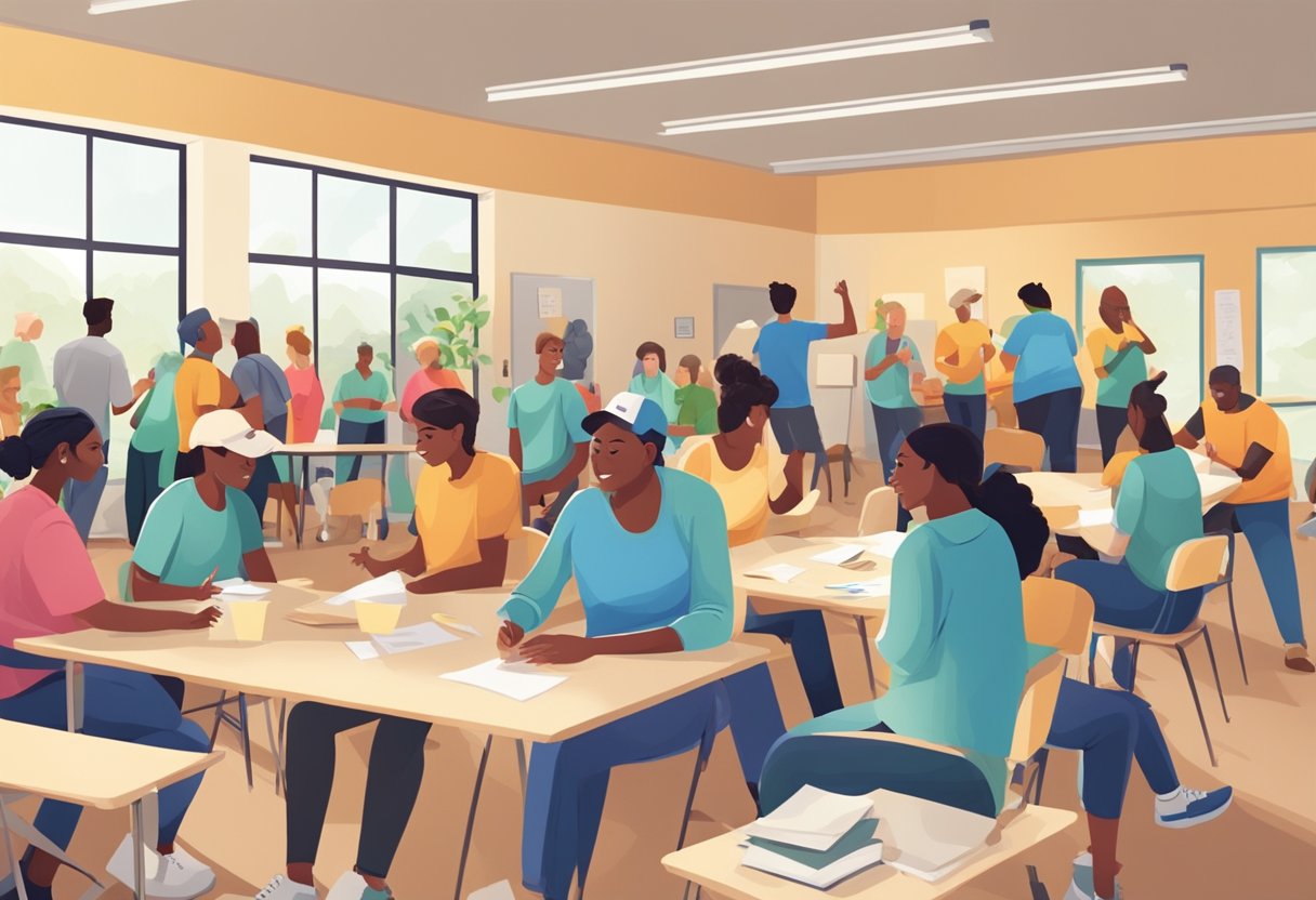 A group of volunteers gather in a community center, preparing to help with various projects. Tables are filled with supplies and people chat excitedly