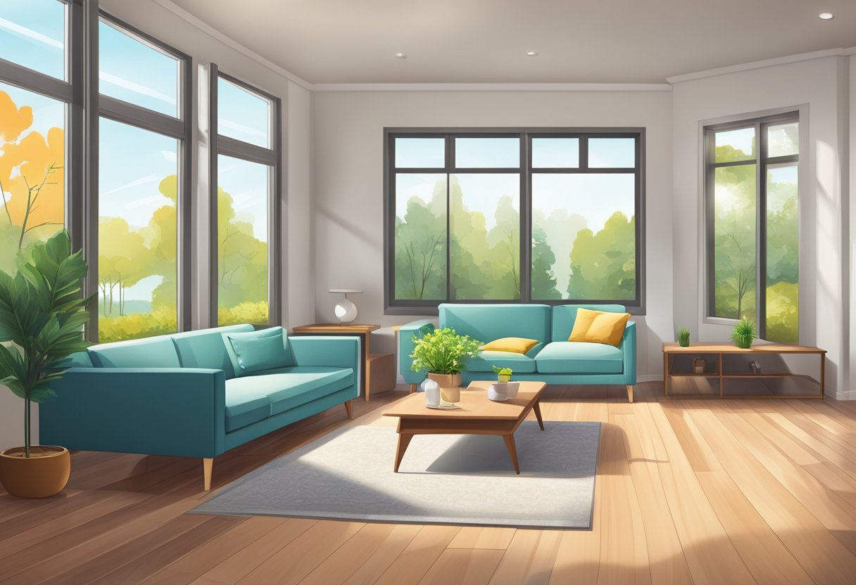 A tidy, modern living room with a gleaming hardwood floor, neatly arranged furniture, and a sparkling clean window overlooking a lush garden