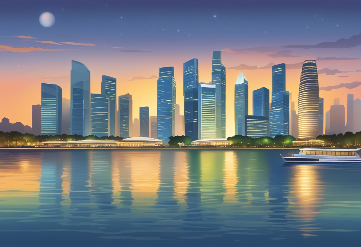 The iconic skyline of Singapore, with its towering skyscrapers and the sparkling waters of Marina Bay, is captured in the glow of the setting sun