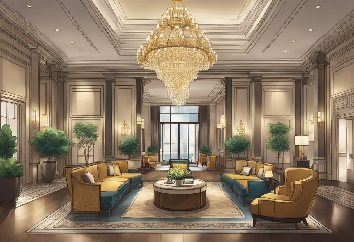 The lobby of Hotel Grand Central Singapore, with plush seating, elegant decor, and a grand chandelier hanging from the ceiling