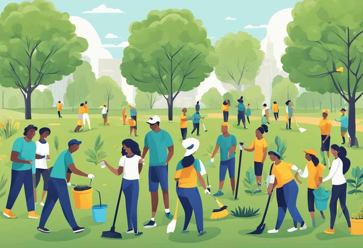 A diverse group of volunteers gather in a park, planting trees and cleaning up the area. Smiling faces and lively conversations show their dedication to enhancing community engagement
