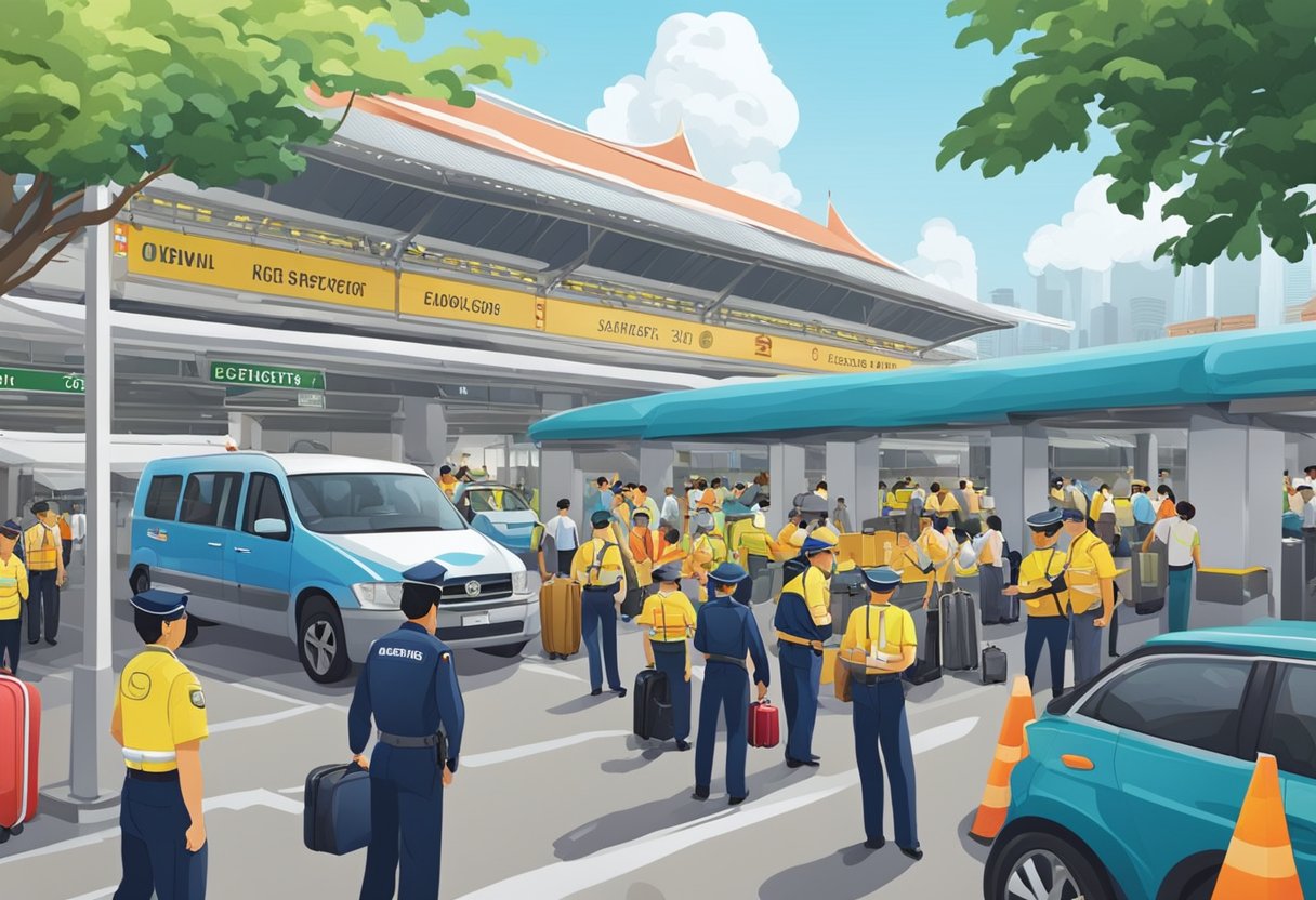 A bustling Singapore customs checkpoint with uniformed officers inspecting luggage and vehicles. Brightly colored signs and a steady flow of travelers create a lively atmosphere