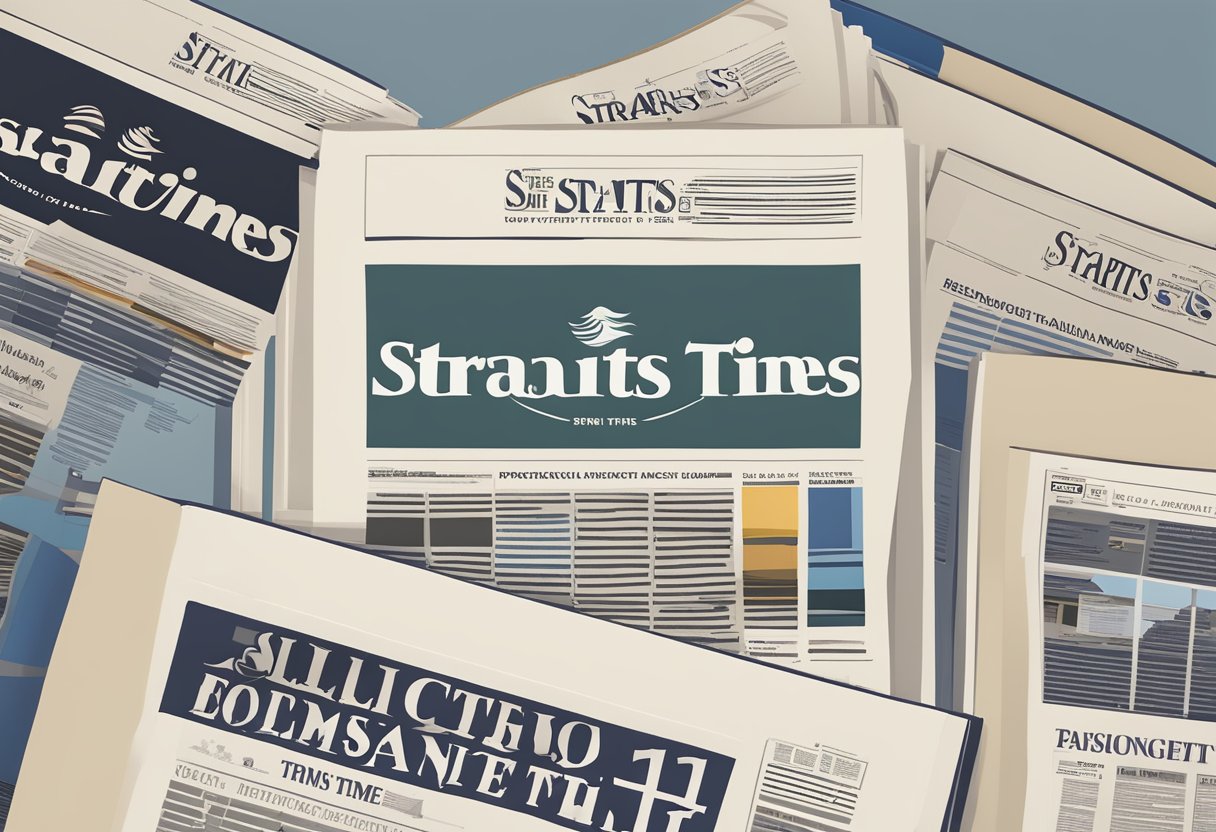 The Straits Times logo displayed alongside historical newspaper editions, evolving into modern digital platforms