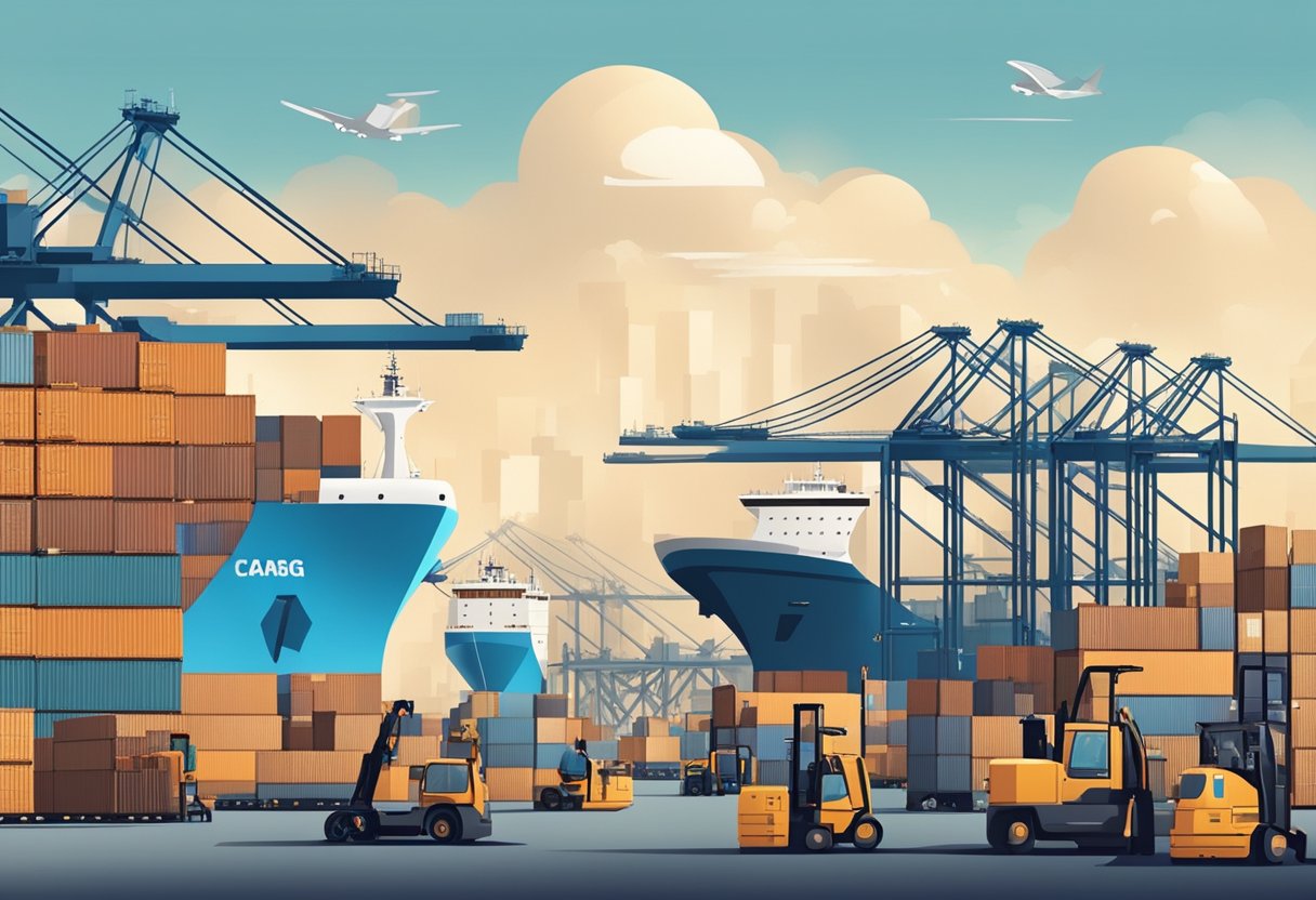 A bustling port with cargo ships unloading goods, while customs officials inspecting and clearing shipments. Busy workers and high-tech scanning equipment in use