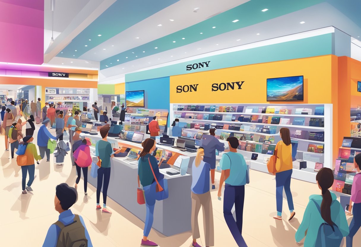 People bustling in a vibrant Sony store, surrounded by promotional displays and colorful signage