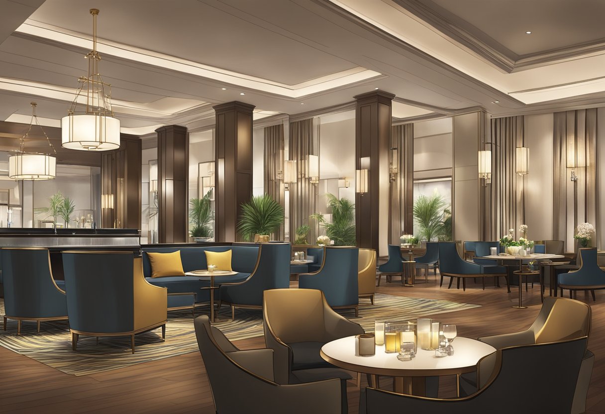 The bustling hotel lobby features elegant dining and entertainment spaces, with sleek modern furnishings and vibrant lighting creating a sophisticated atmosphere