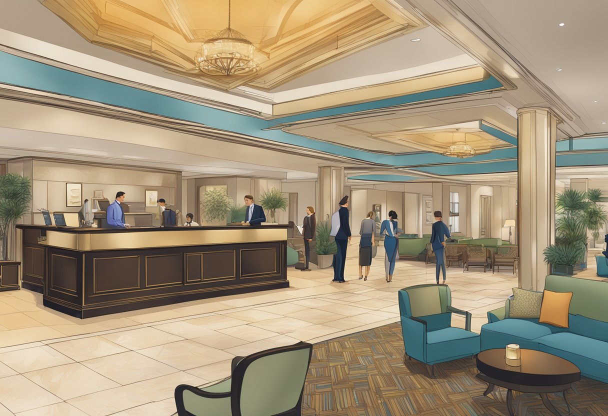 The hotel lobby bustles with guests seeking information, while staff members attend to their needs. The reception desk is adorned with a sign reading "Frequently Asked Questions" in elegant lettering