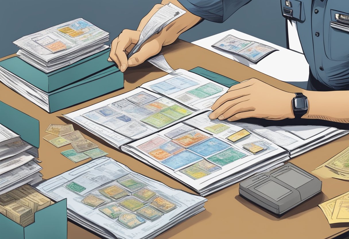 A customs officer inspects and stamps trade documents at a Singapore port. Various forms and paperwork are organized on a desk