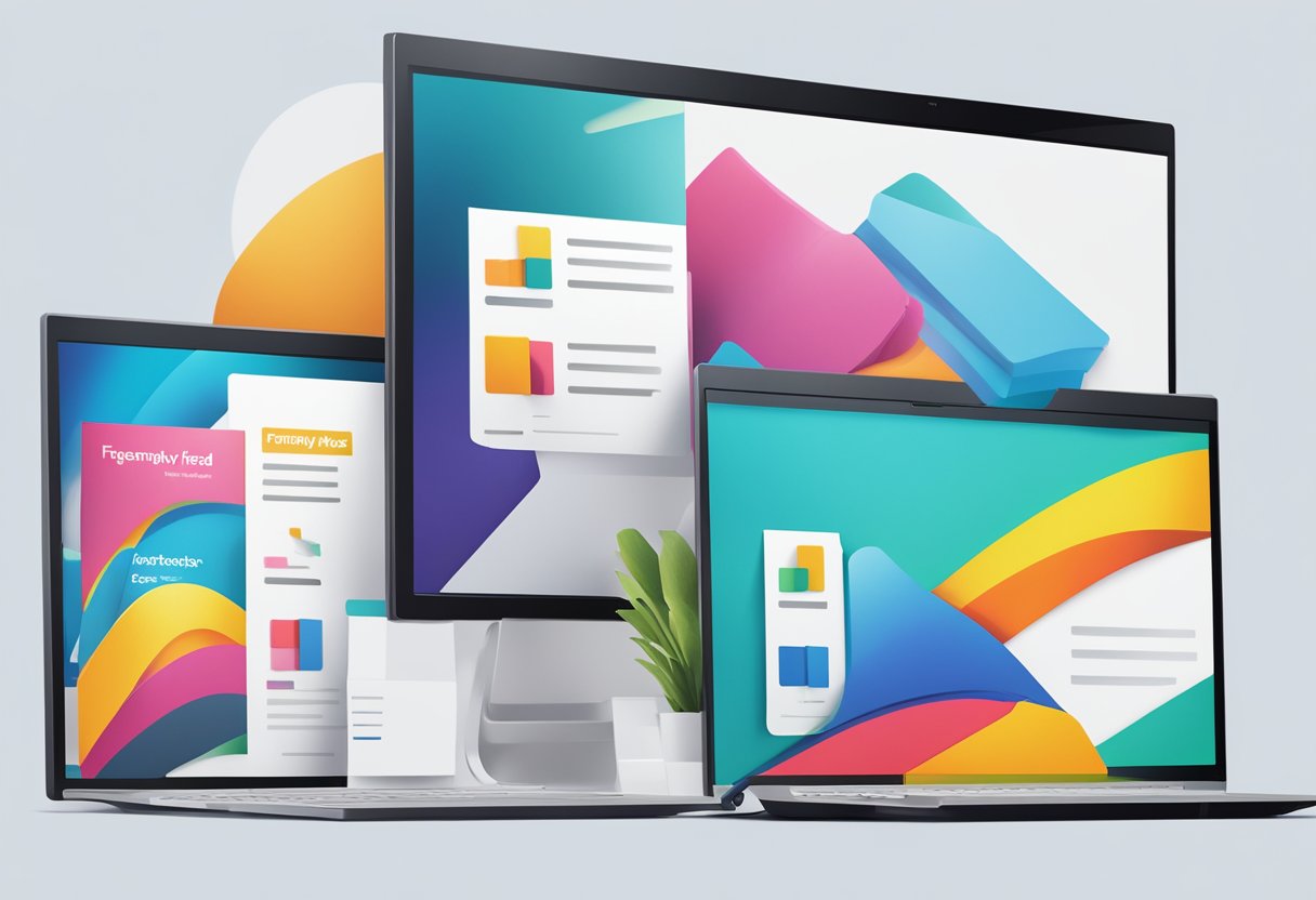 A stack of colorful brochures and a computer screen displaying the "Frequently Asked Questions" page for Sony Singapore