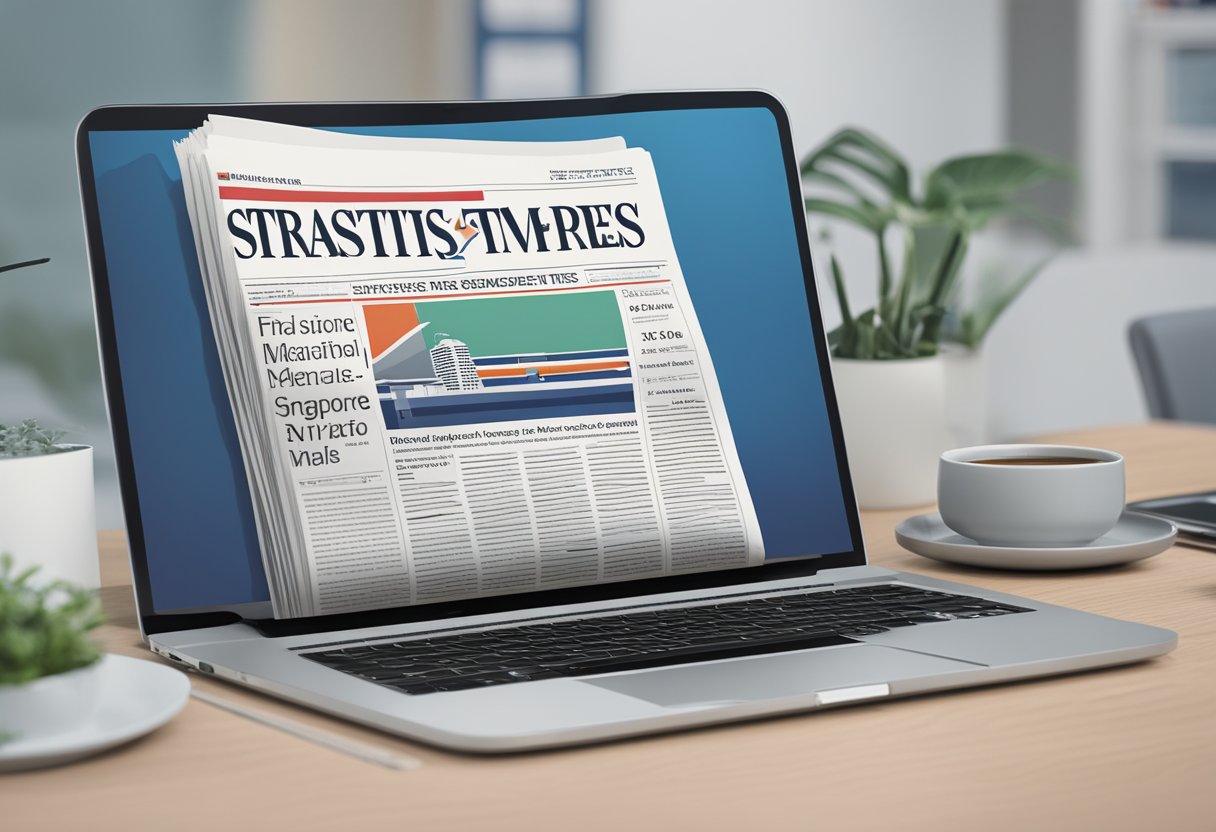 A stack of newspapers bearing the logo "Straits Times Singapore" sits next to a laptop displaying various online services