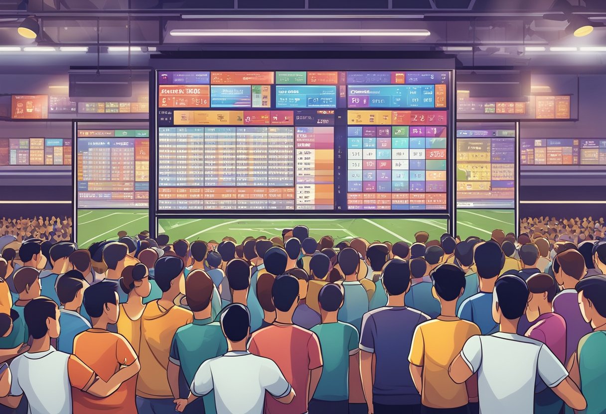 A crowded sports bar displays Singapore Pools soccer odds on a large screen, with excited fans cheering and placing bets