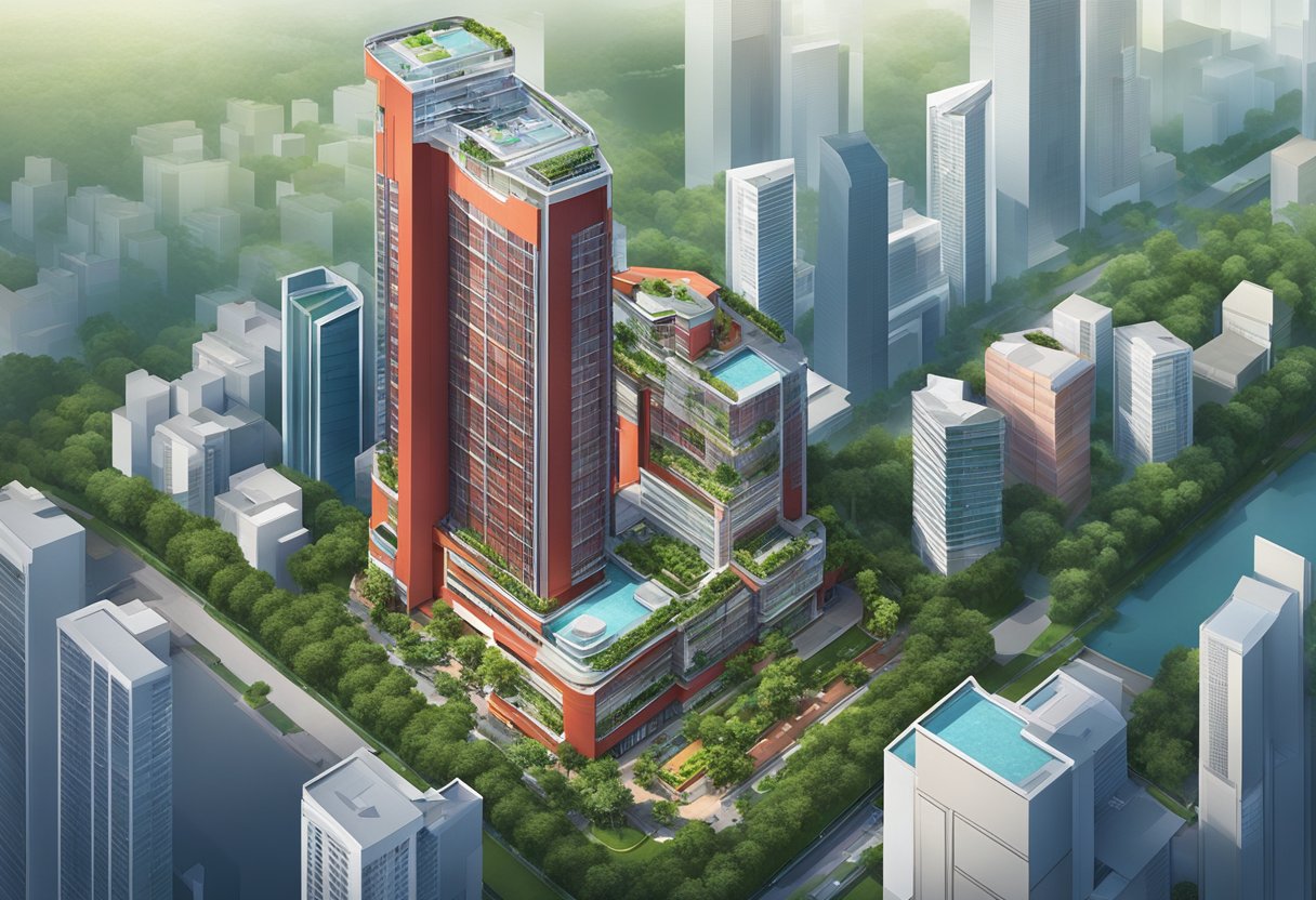 The iconic Oasia Hotel in Singapore rises above the city skyline, with its striking red facade and lush greenery enveloping the building's exterior
