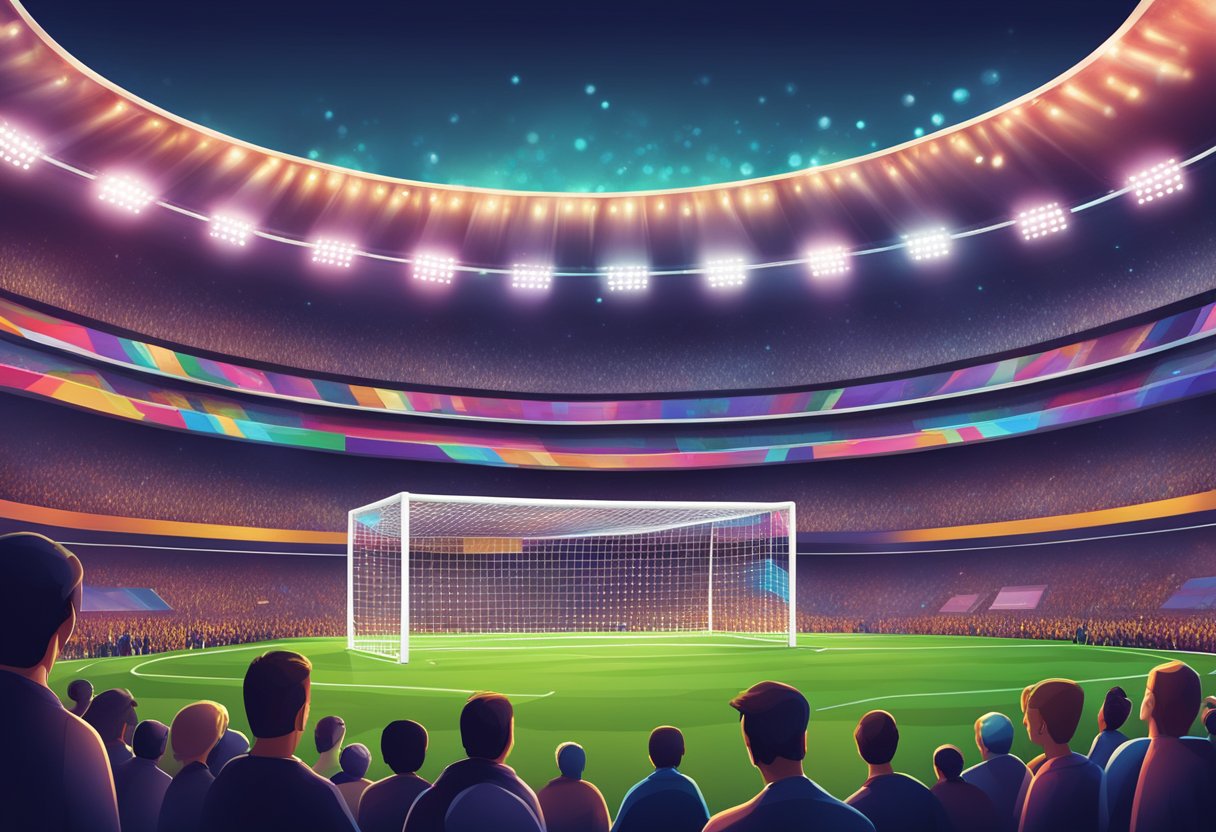 A soccer field with odds displayed on a digital screen, surrounded by enthusiastic fans cheering for their favorite teams